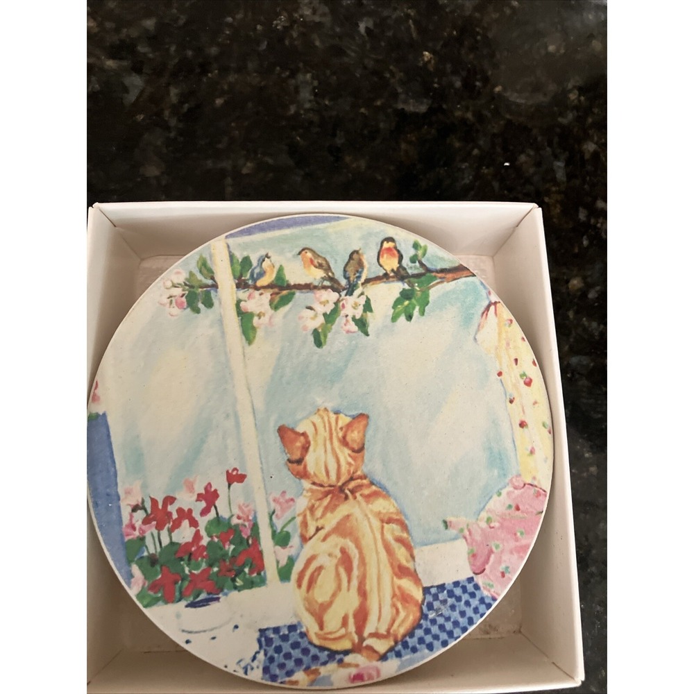 Hindo Stone Vintage Coasters Cat Design Cottage Con X 4 NIB